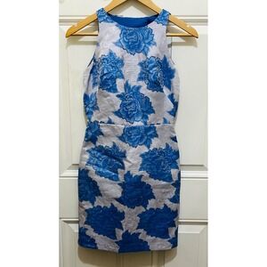 Hailey by Adrianna Papell Blue Floral Jacquard Sleeveless Cutout Back Mini Dress